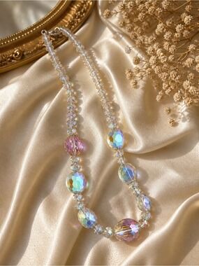 Iridescent Swarovski Aurora Crystal Necklace Faceted Prism Beads Statement Piece